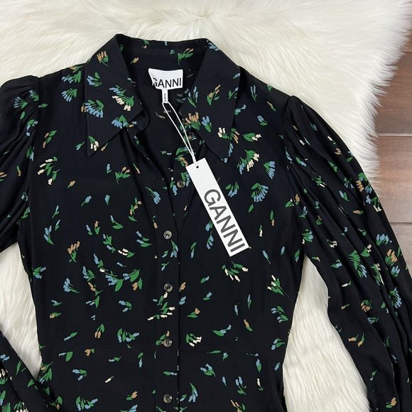 Ganni Women's Size 34 / US 2 Verdant Green Floral Printed Crepe Shirt‎ Dress - Picture 2 of 12